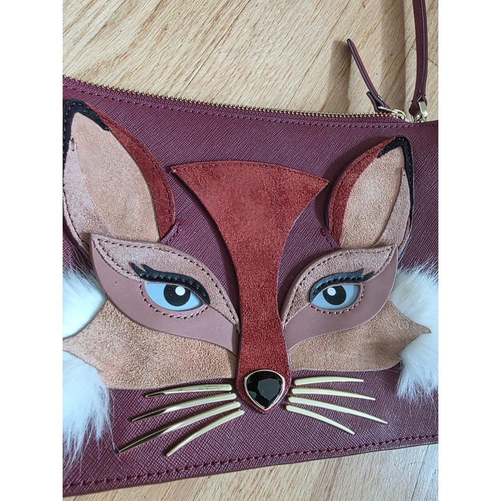 Kate Spade New York Fox Crossbody Bag Burgundy Saffiano Leather Whimsical Purse - Picture 2 of 10